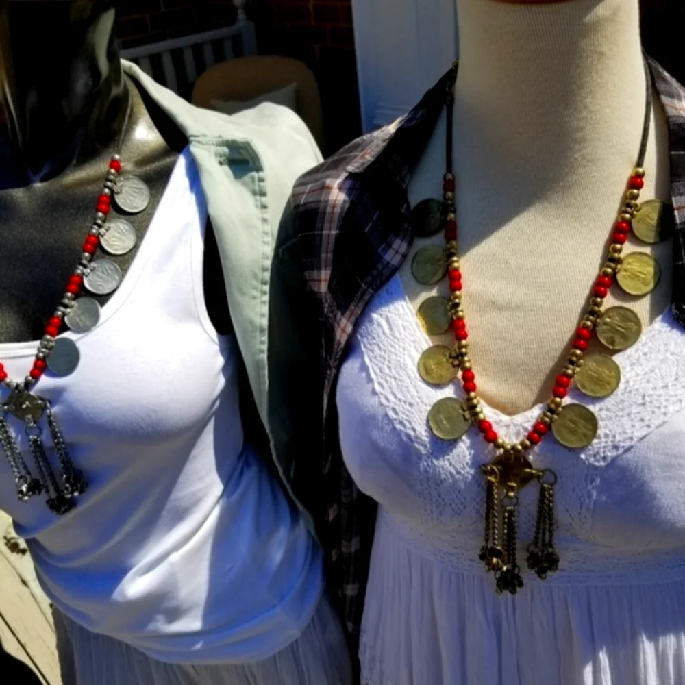 Gorgeous Coin and Red Beaded Necklace w/ Tassels - Picture 5 of 7